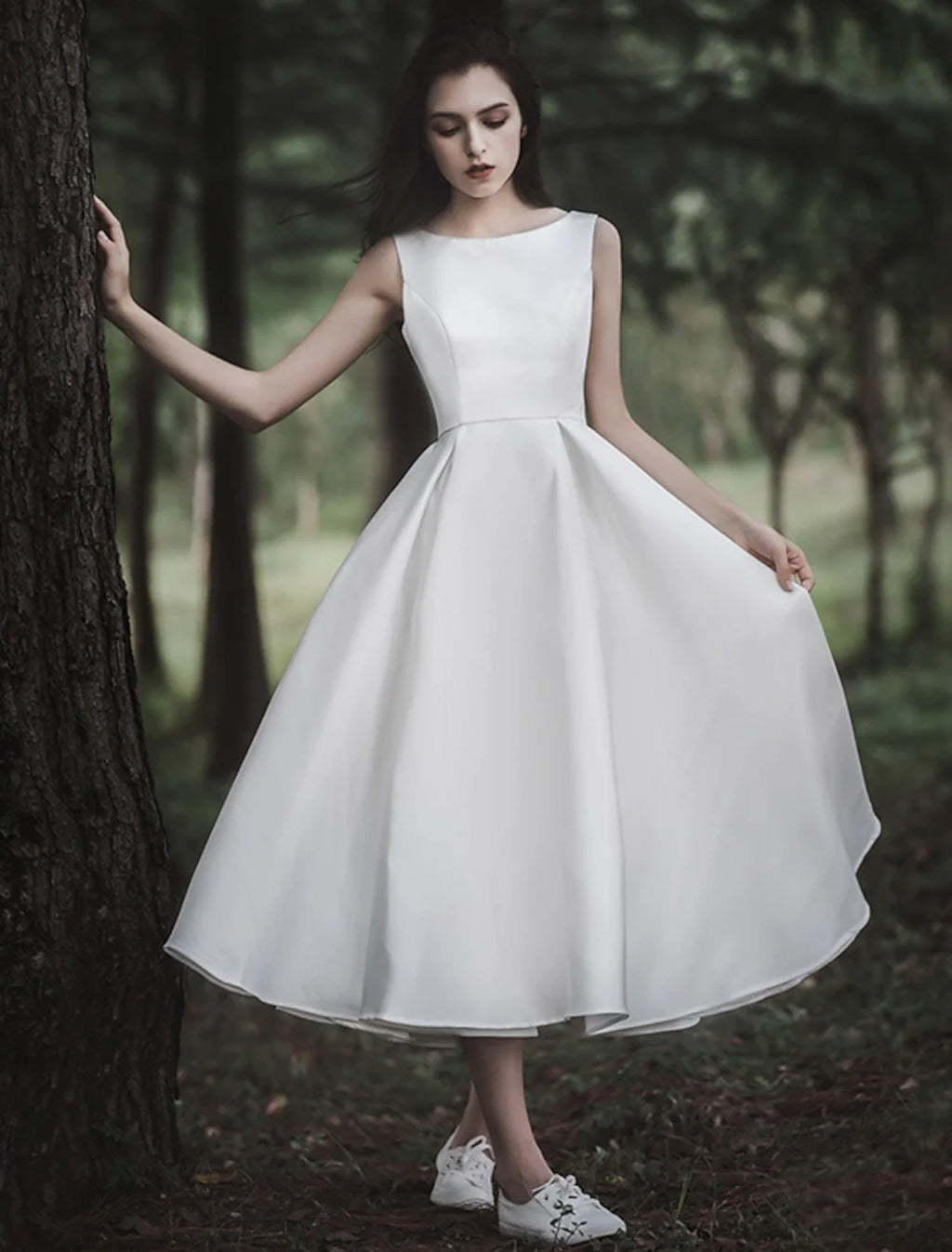 White A-Line Satin Sleeveless Tea-Length Wedding Gown - Chloe Dress