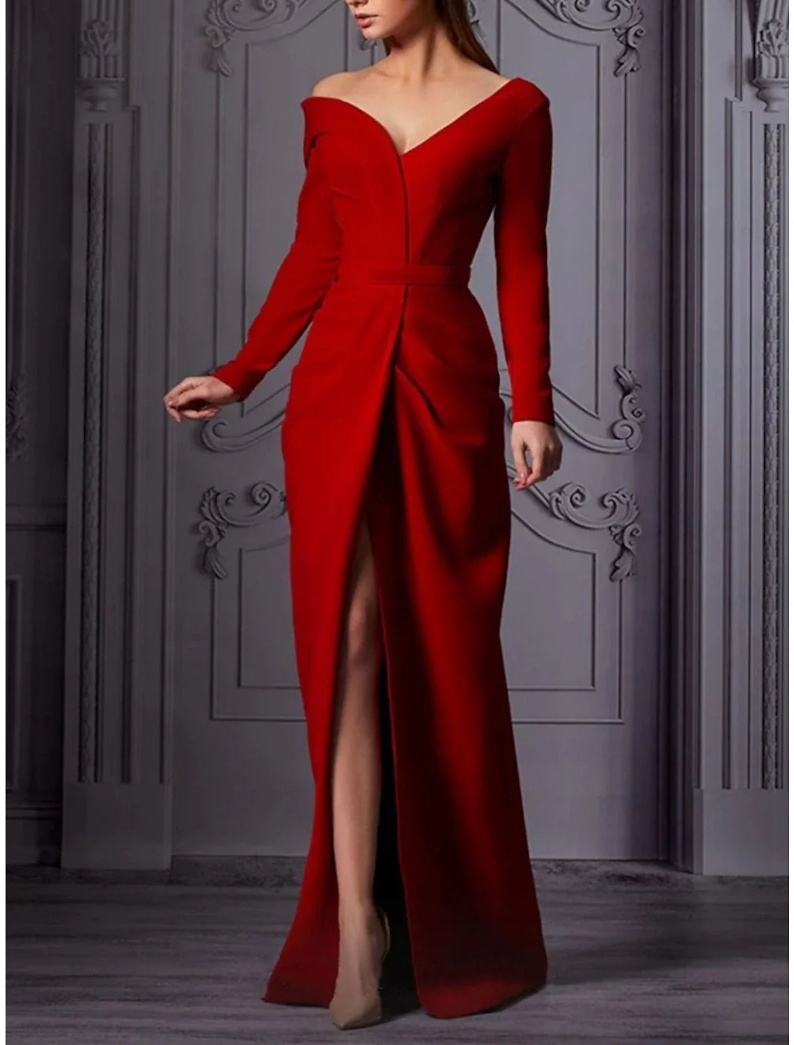Sheath Off-Shoulder Long Sleeve High Slit Evening Gown - Chloe Dress