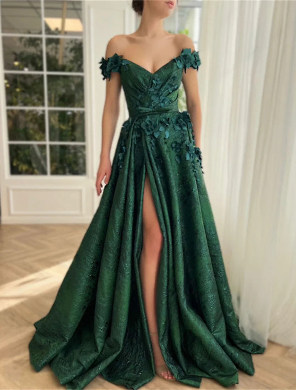 A-Line Off-Shoulder Satin Sleeveless High Slit Prom Dress - Chloe Dress