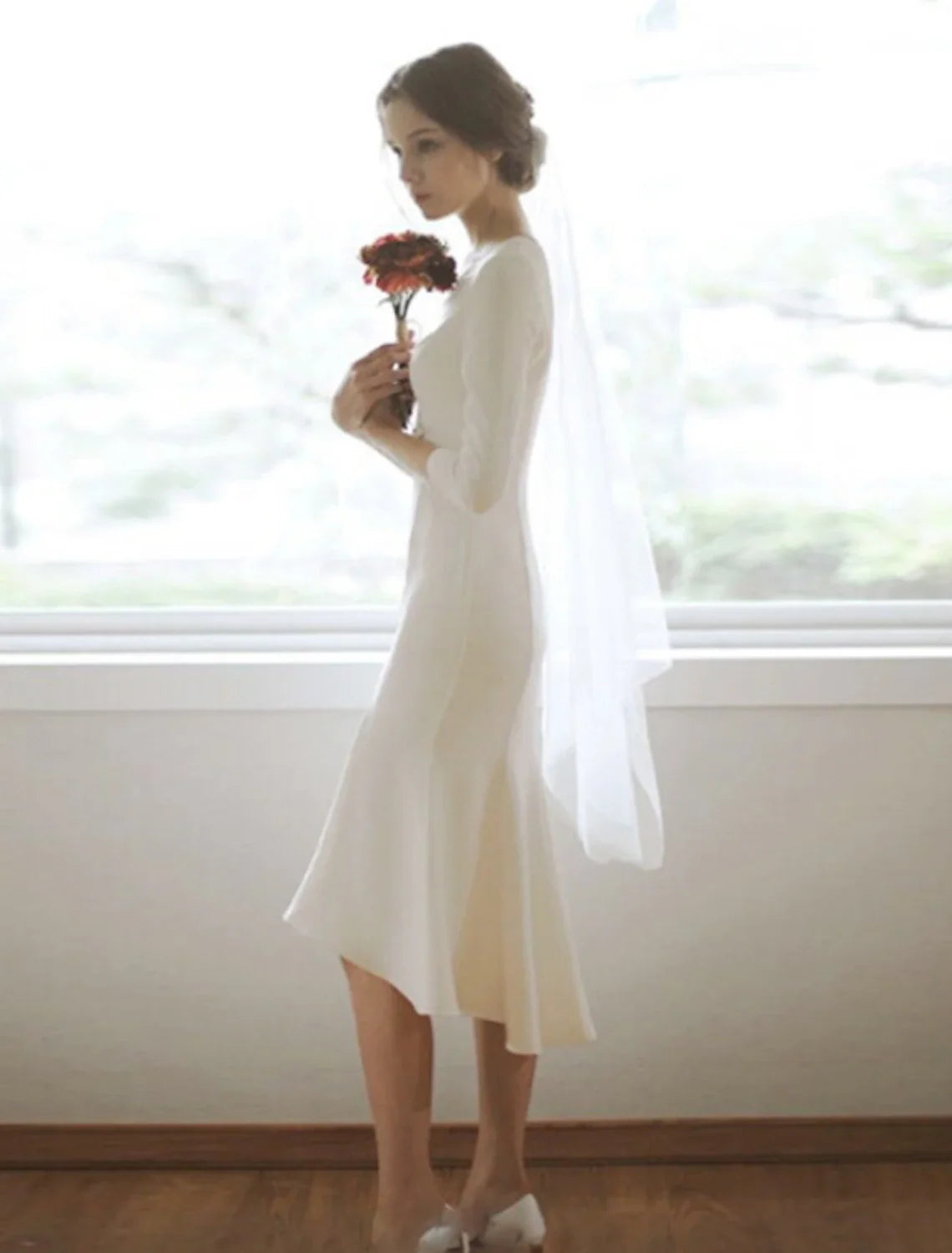 White Mermaid V-Neck Satin Three-Quarter Sleeve Asymmetric Wedding Gown - Chloe Dress