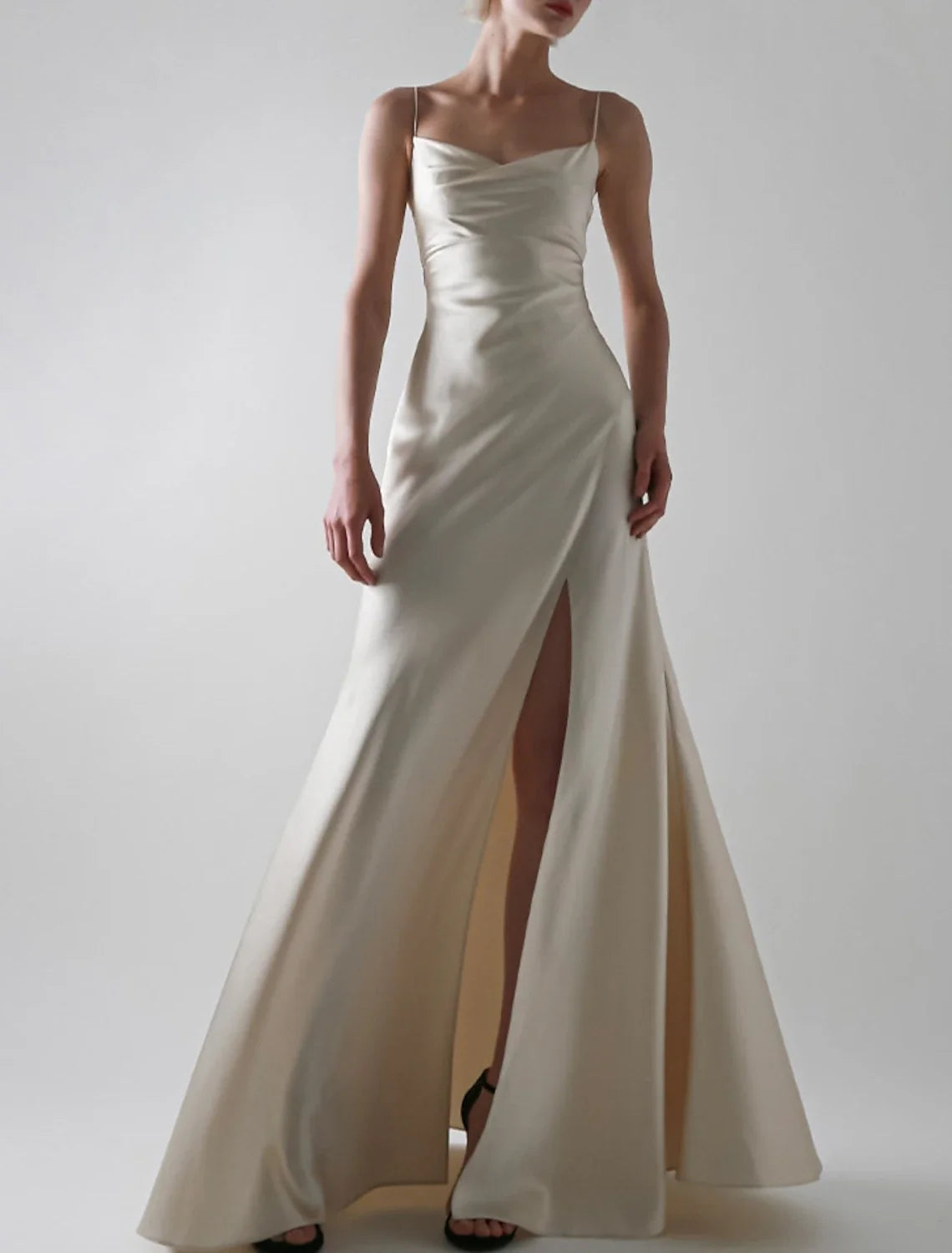 A-Line Spaghetti Strap Satin Sleeveless High Slit Floor-Length Evening Gown - Chloe Dress
