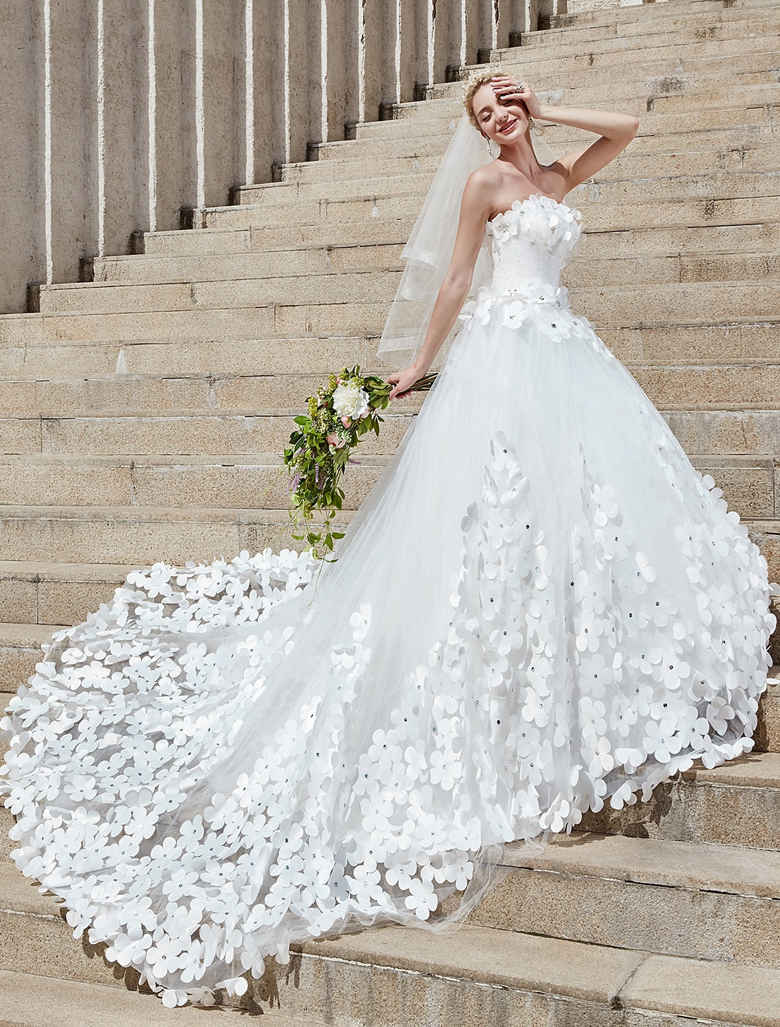 Ball Gown Strapless Lace Open Back Train Wedding Gown - Chloe Dress