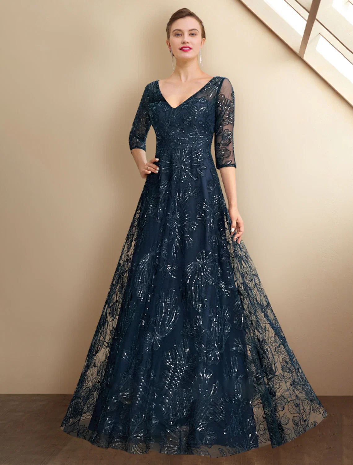 A-Line V-Neck Chiffon Three-Quarter Sleeve Applique Floor-Length Dress - Chloe Dress