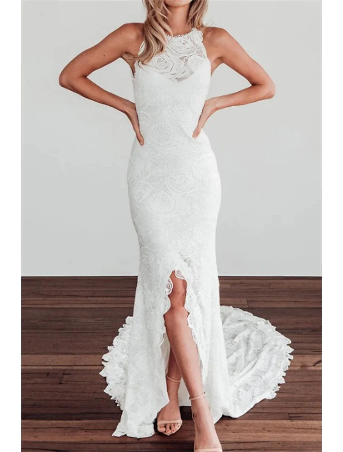 Mermaid Halter Lace Sleeveless Open Back Train Wedding Gown - Chloe Dress