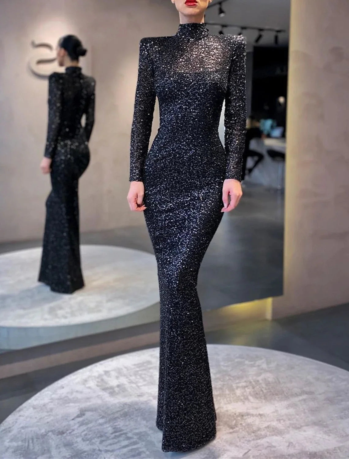 Black Mermaid High Neck Sequin Long Sleeve Floor-Length Evening Gown - Chloe Dress