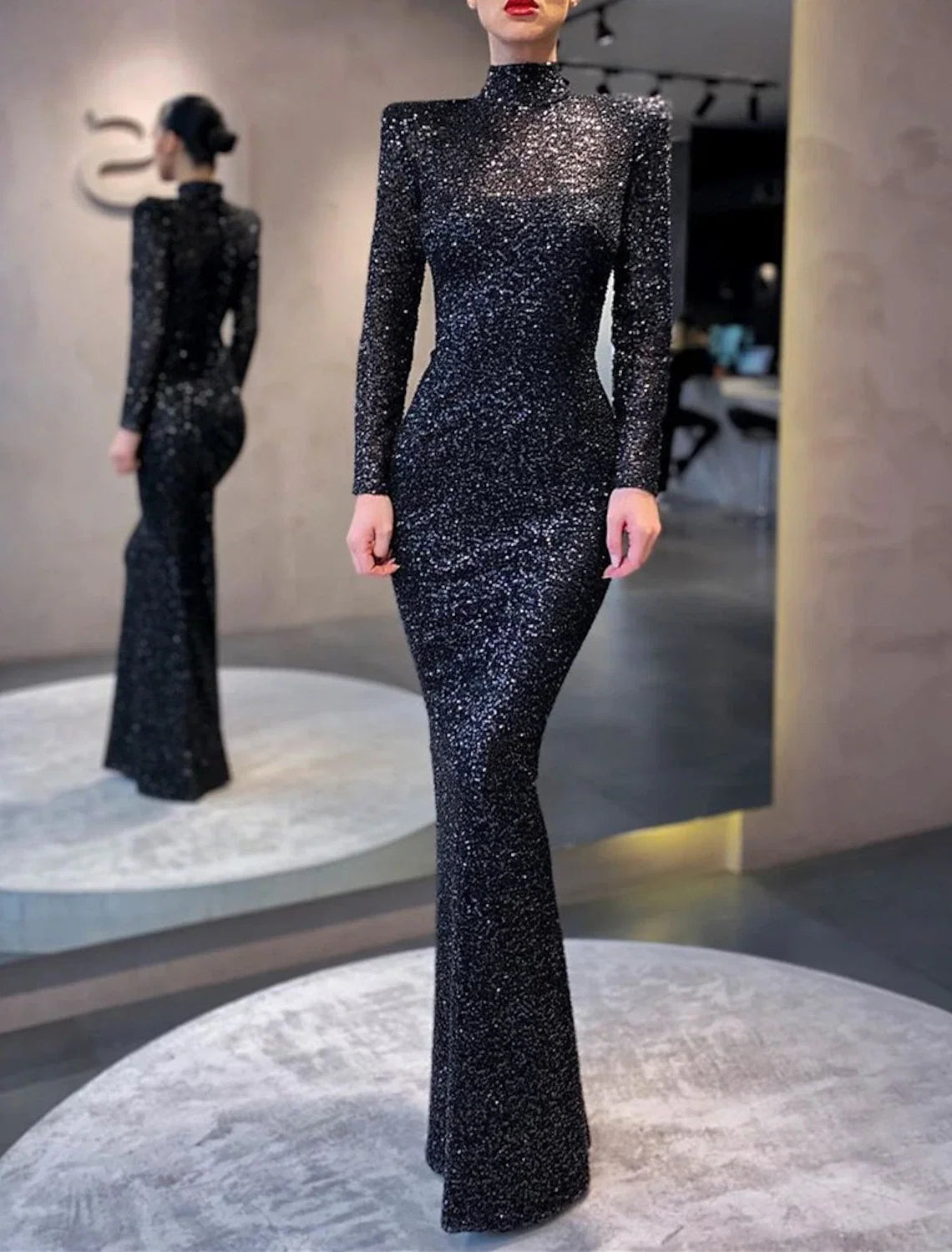 Mermaid High Neck Sequin Long Sleeve Floor-Length Evening Gown - Chloe Dress