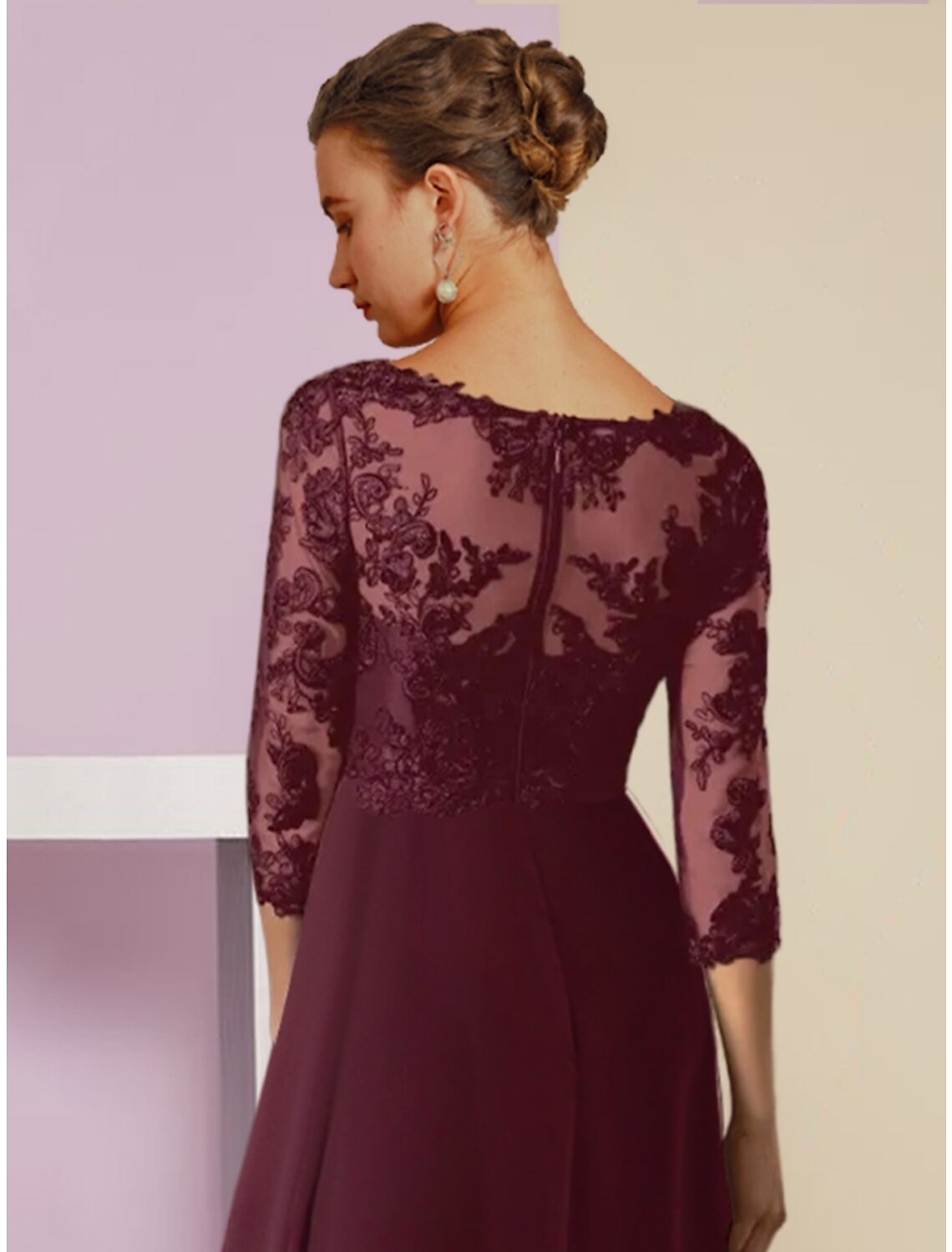 A-Line V-Neck Chiffon Three-Quarter Sleeve Asymmetric Wedding Dress - Chloe Dress