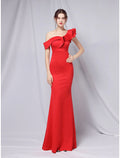 Mermaid One-Shoulder Satin Short Sleeve Ruffled Floor-Length Evening Gown - Chloe Dress