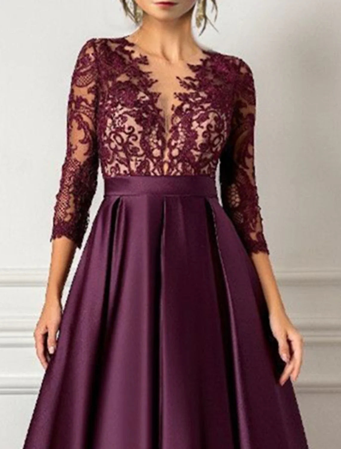 A-Line V-Neck Satin Three-Quarter Sleeve Pleated Floor-Length Evening Gown - Chloe Dress