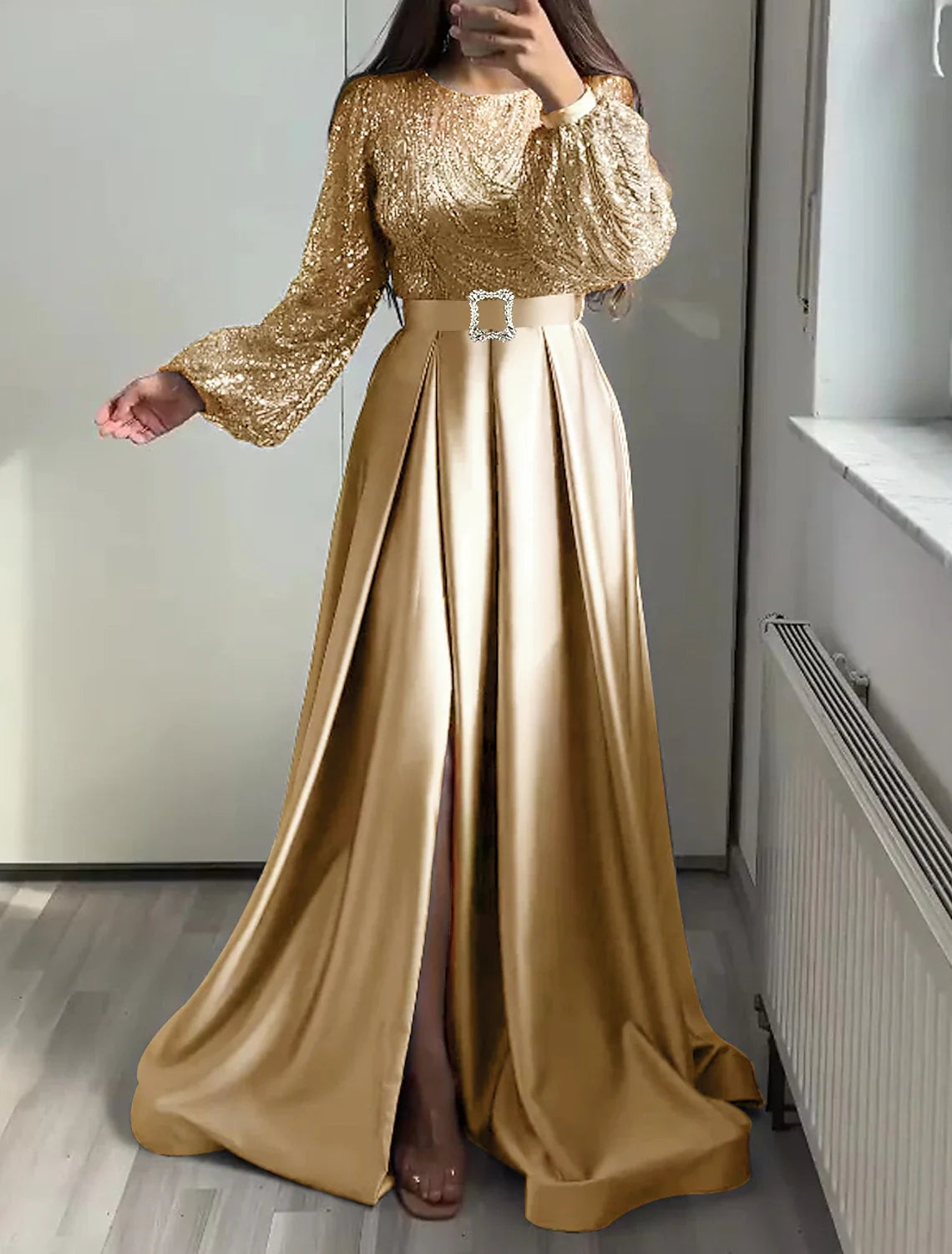 Black A-Line Satin Long Sleeve Floor-Length Evening Gown - Chloe Dress