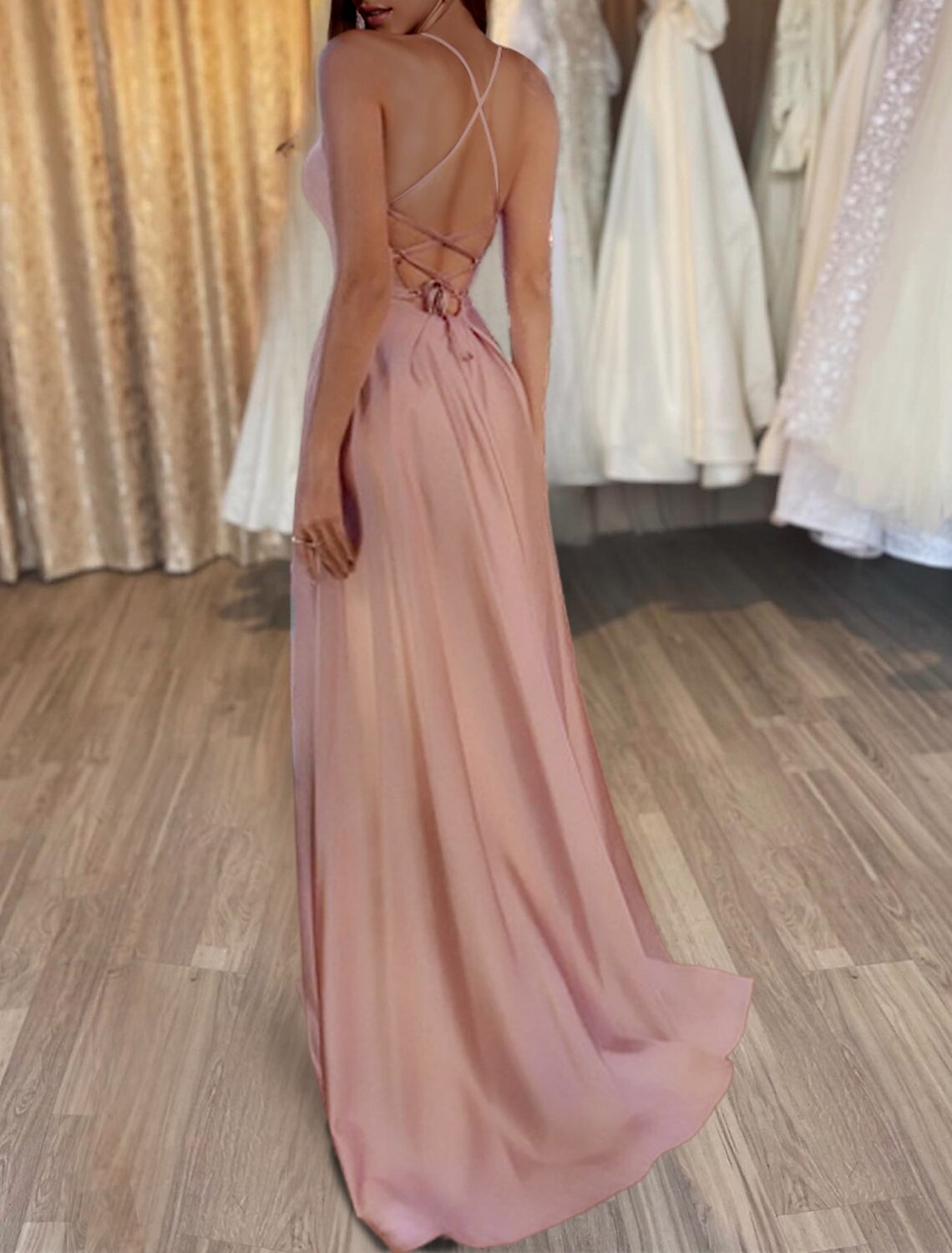 A-Line Spaghetti Strap Satin Sleeveless Backless High Slit Evening Gown - Chloe Dress