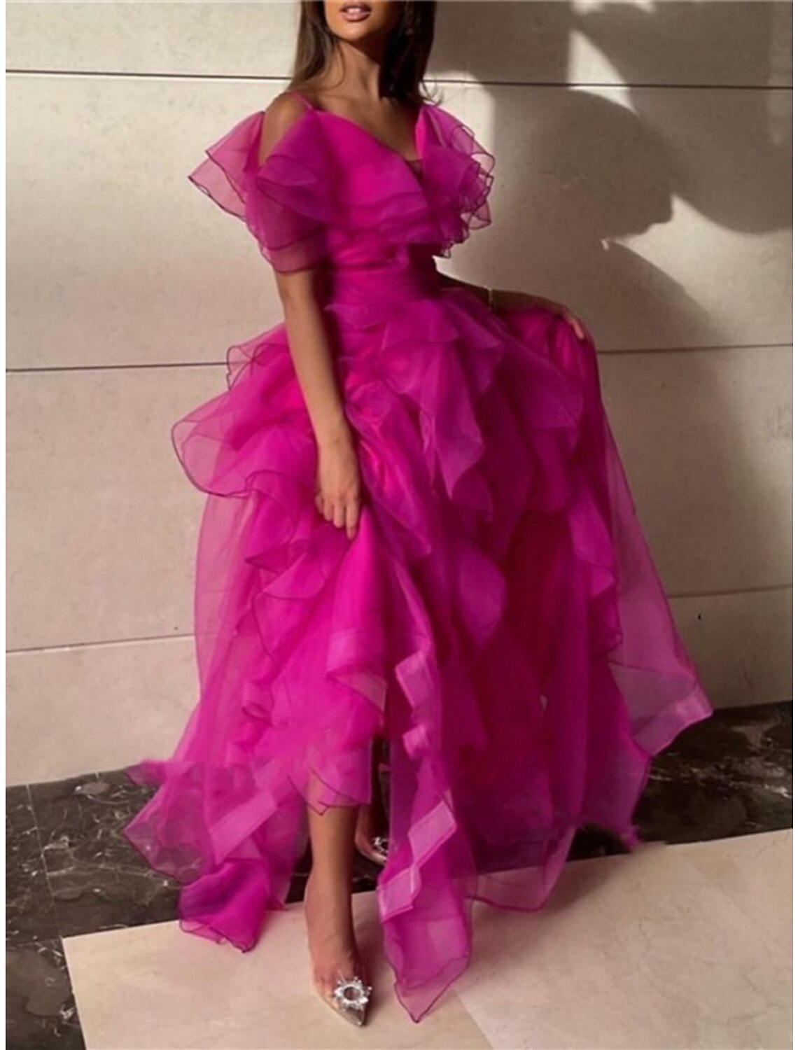 A-Line V-Neck Organza Short Sleeve Ruffled Mini Prom Dress - Chloe Dress
