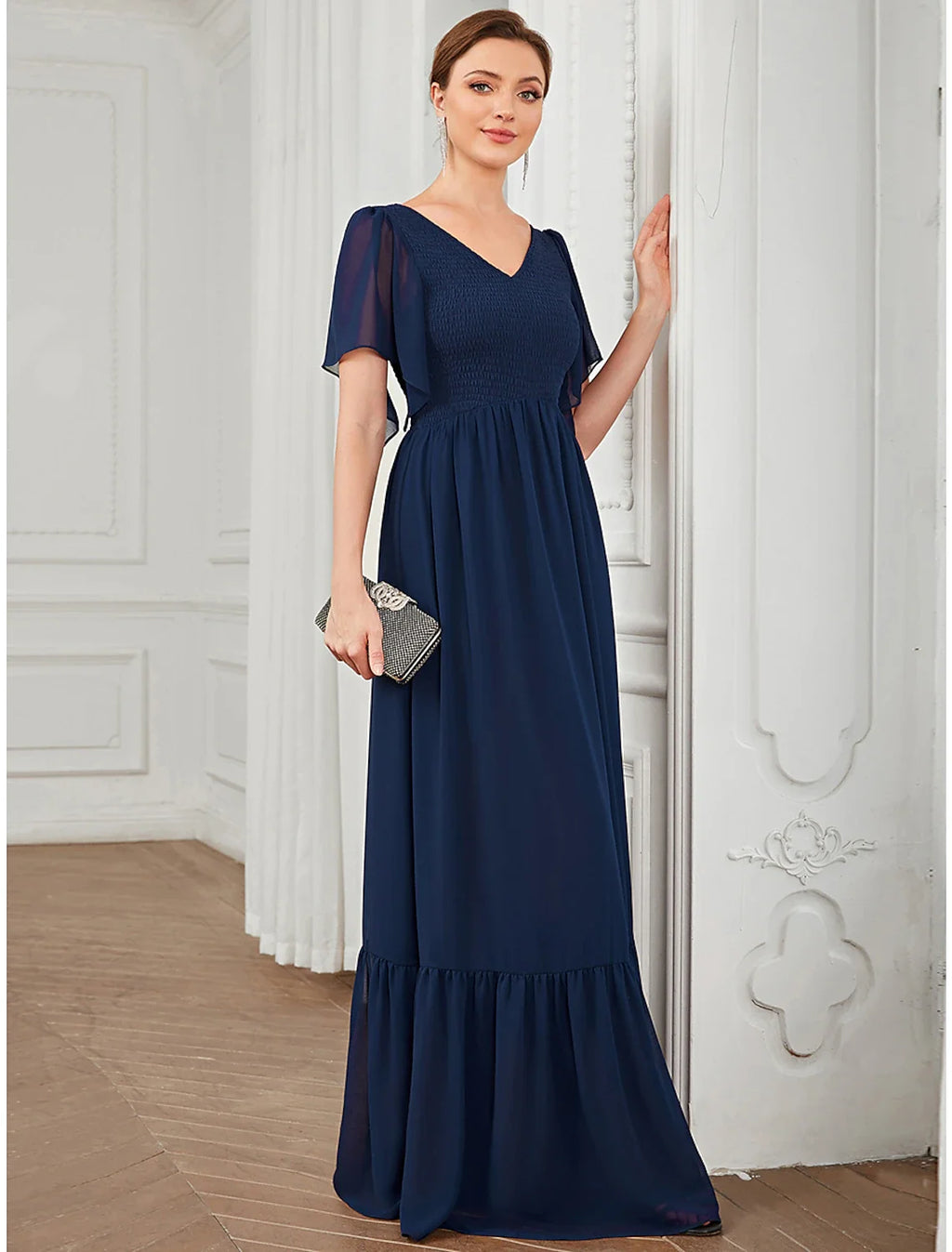 A-Line V-Neck Chiffon Short Sleeve Pleated Floor-Length Prom Dress - Chloe Dress