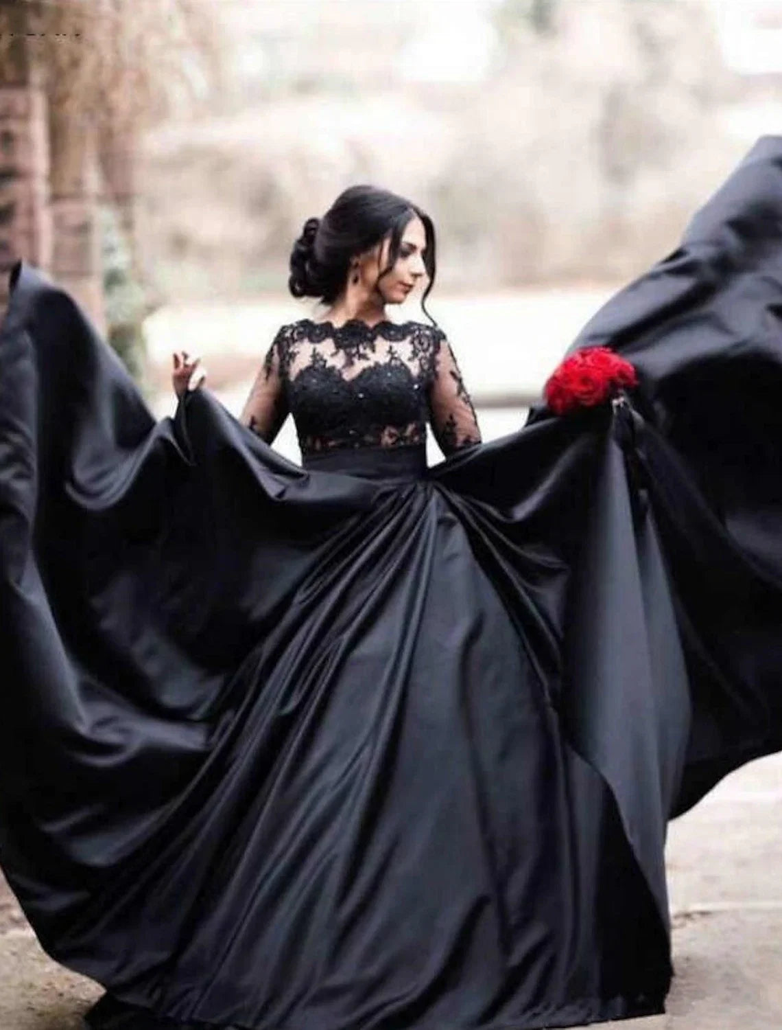 A-Line Illusion Satin Long Sleeve Applique Floor-Length Wedding Gown - Chloe Dress