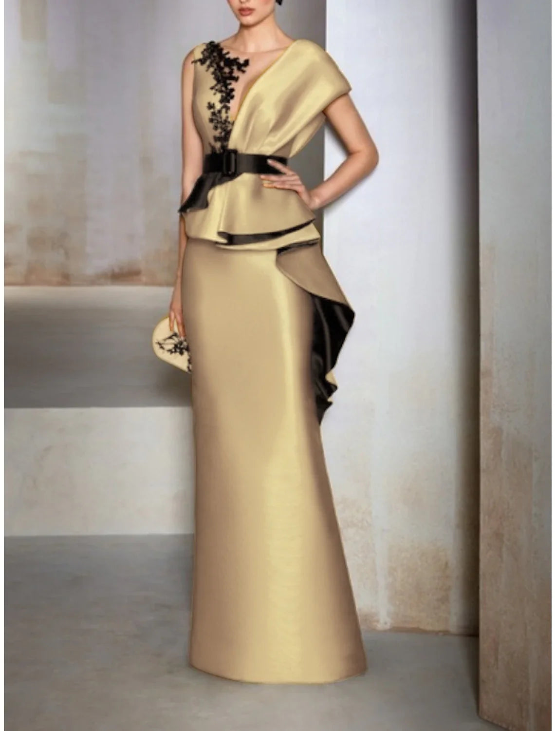 Champagne Sheath V-Neck Satin Short Sleeve Ruffled Floor-Length Evening Gown - Chloe Dress