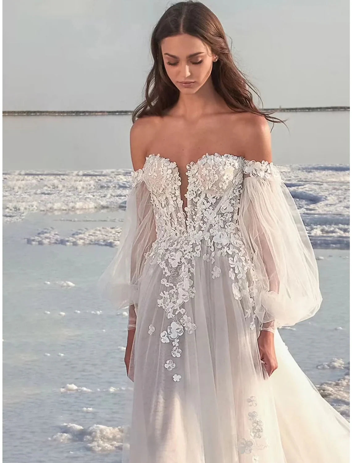 A-Line Off-Shoulder Lace Long Sleeve Train Wedding Gown - Chloe Dress