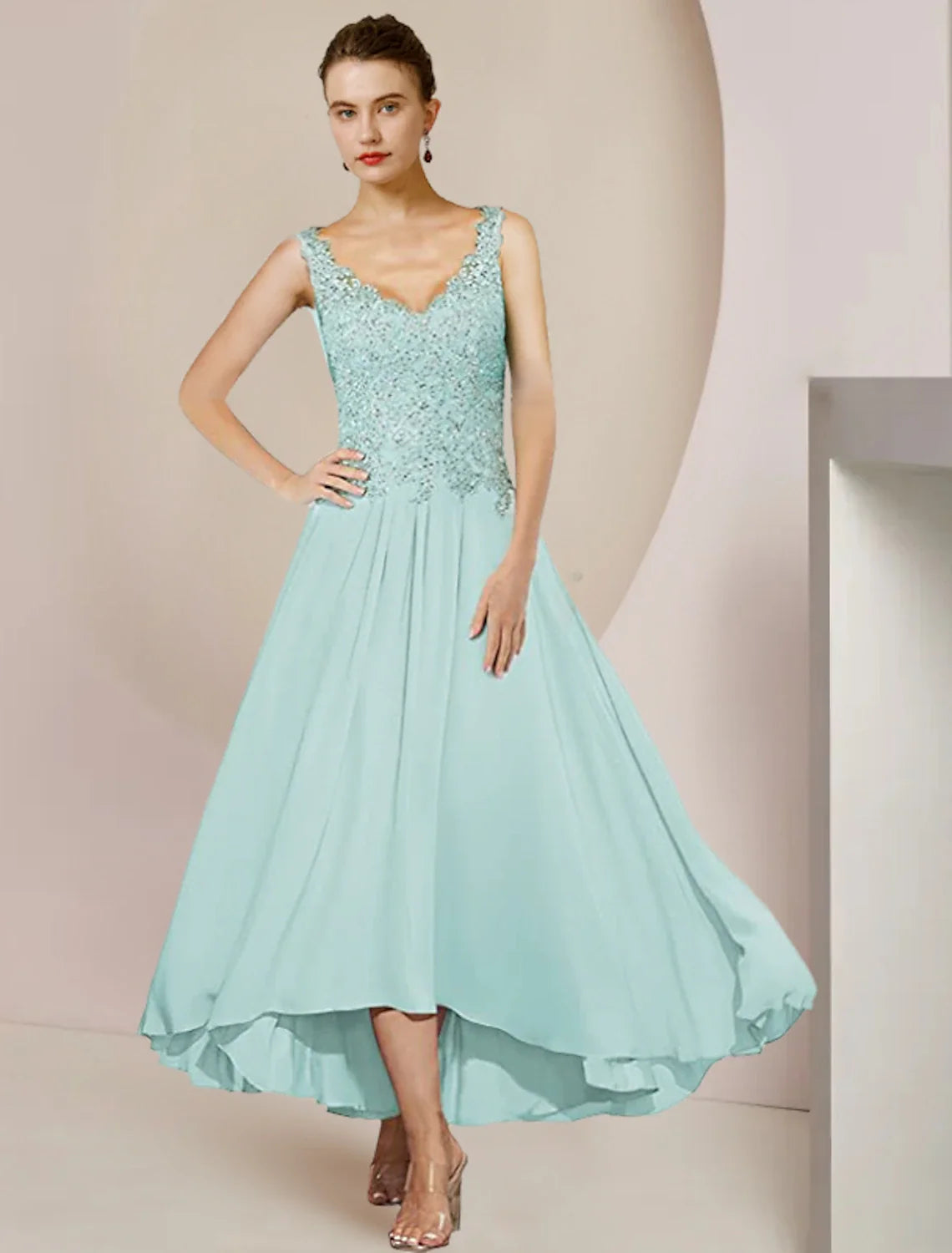 A-Line V-Neck Chiffon Three-Quarter Sleeve Wrap Tea-Length Wedding Dress - Chloe Dress