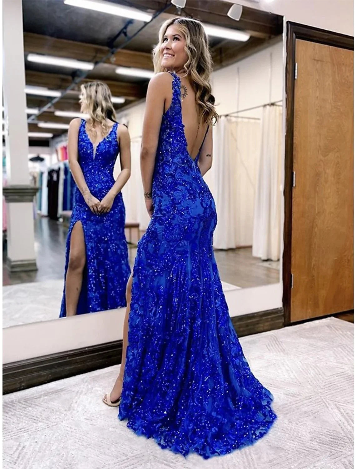 Mermaid V-Neck Sequin Sleeveless Backless Train Prom Dress - Chloe Dress