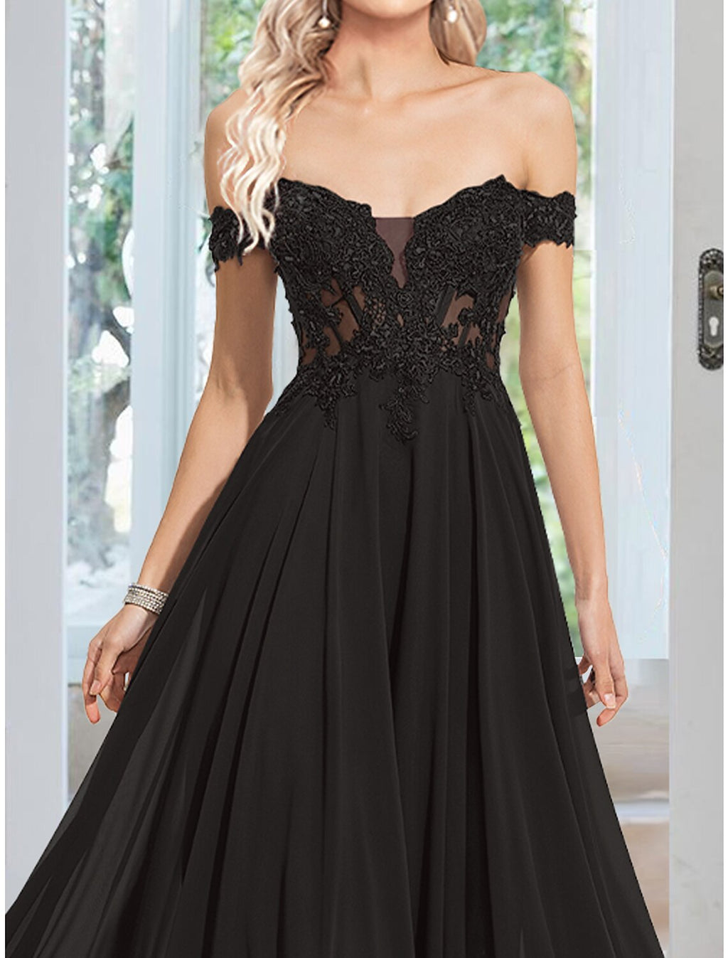 A-Line Off-Shoulder Chiffon Sleeveless Applique Floor-Length Evening Gown - Chloe Dress