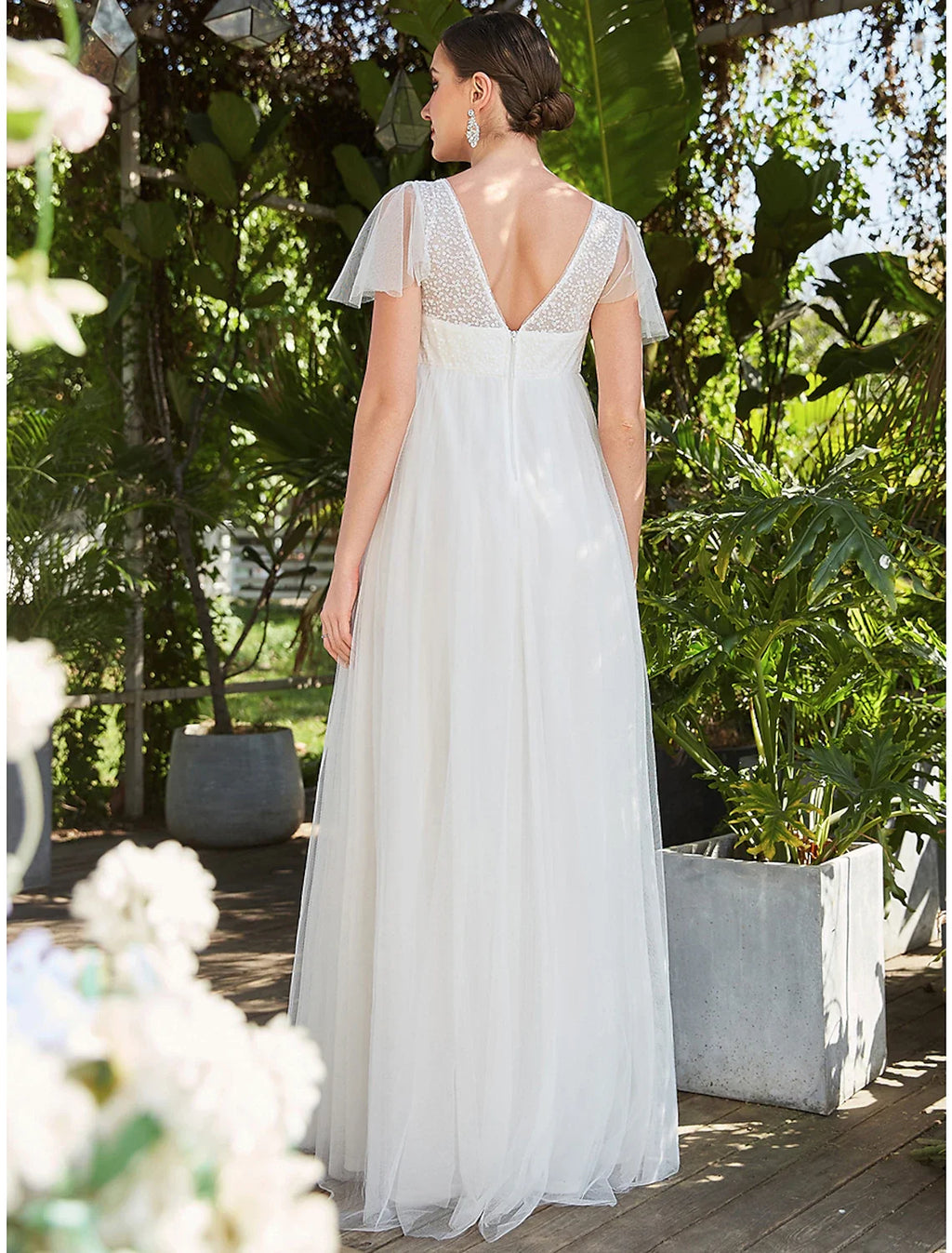 A-Line V-Neck Tulle Short Sleeve Tiered Floor-Length Evening Gown - Chloe Dress