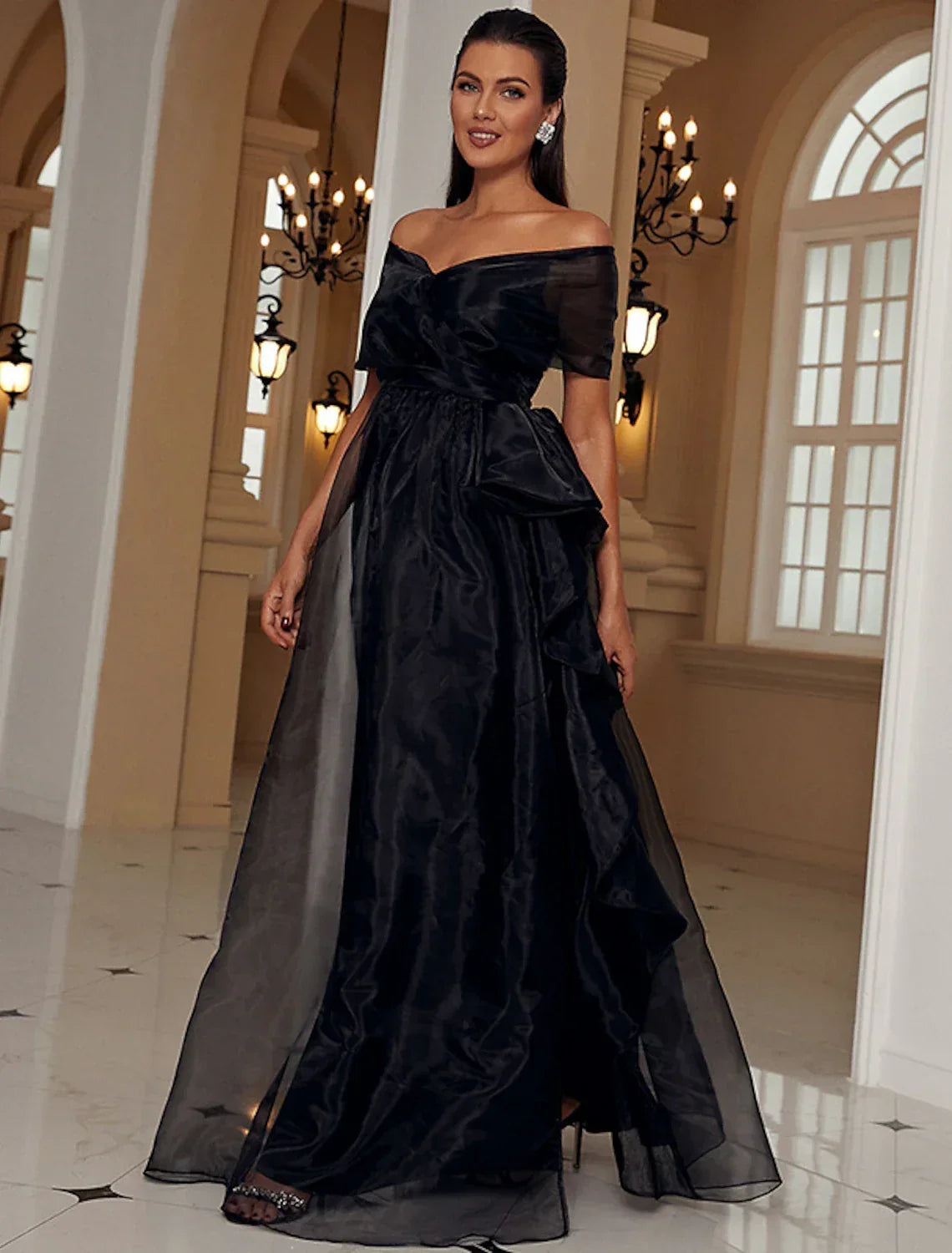 A-Line Off-Shoulder Polyester Short Sleeve High Slit Floor-Length Evening Gown - Chloe Dress