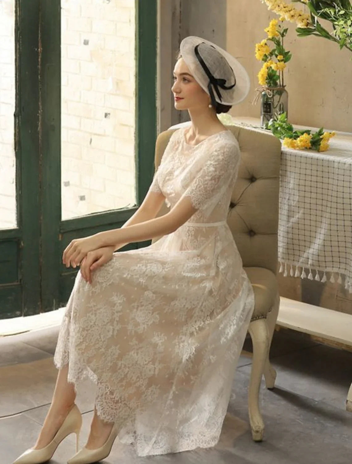 White A-Line Illusion Lace Applique Tea-Length Wedding Gown - Chloe Dress