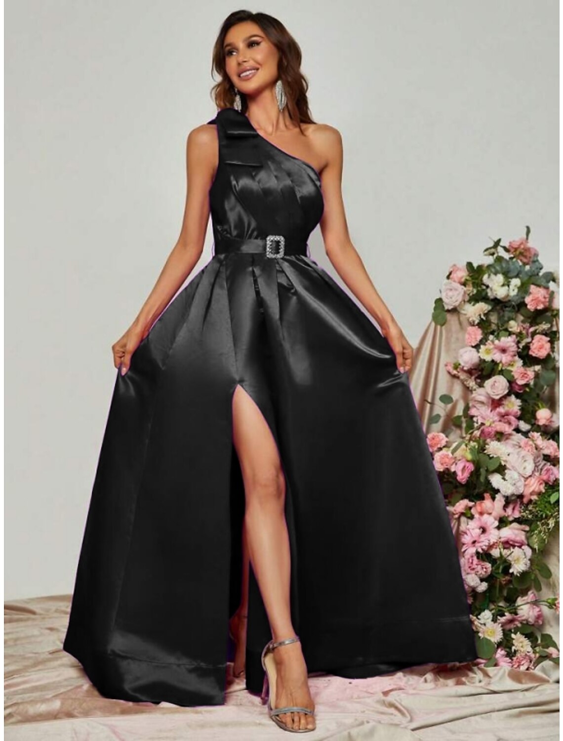 Black A-Line One-Shoulder Satin Sleeveless High Slit Floor-Length Evening Gown - Chloe Dress
