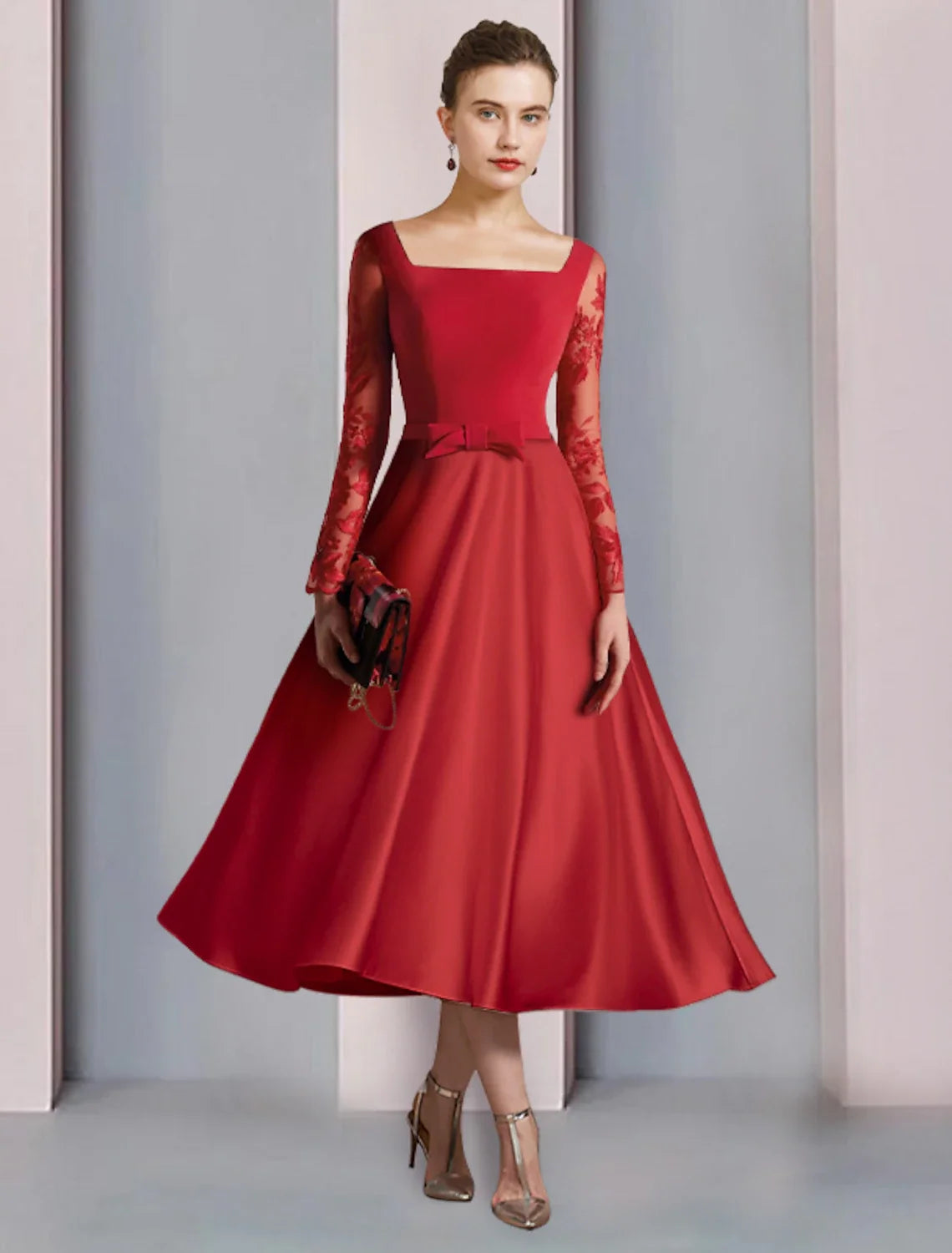 A-Line Square Neck Satin Long Sleeve Applique Tea-Length Wedding Dress - Chloe Dress