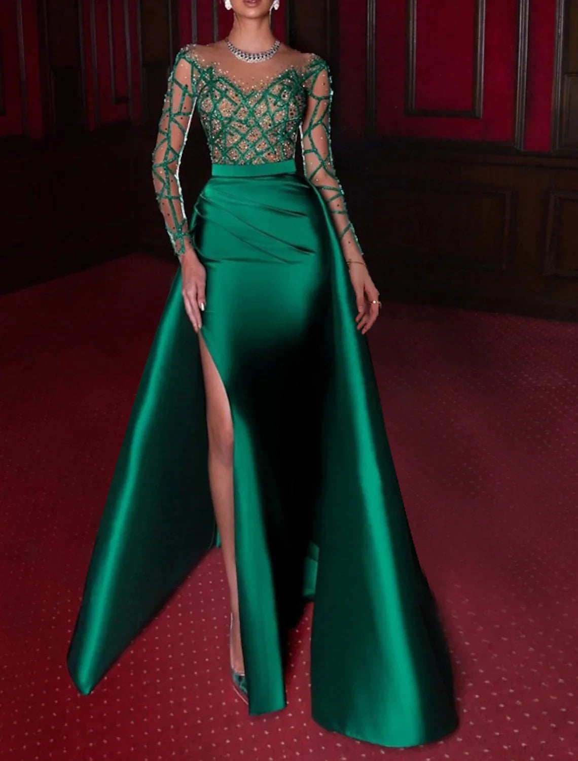 Black A-Line Off-Shoulder Satin Three-Quarter Sleeve Applique Floor-Length Evening Gown - Chloe Dress
