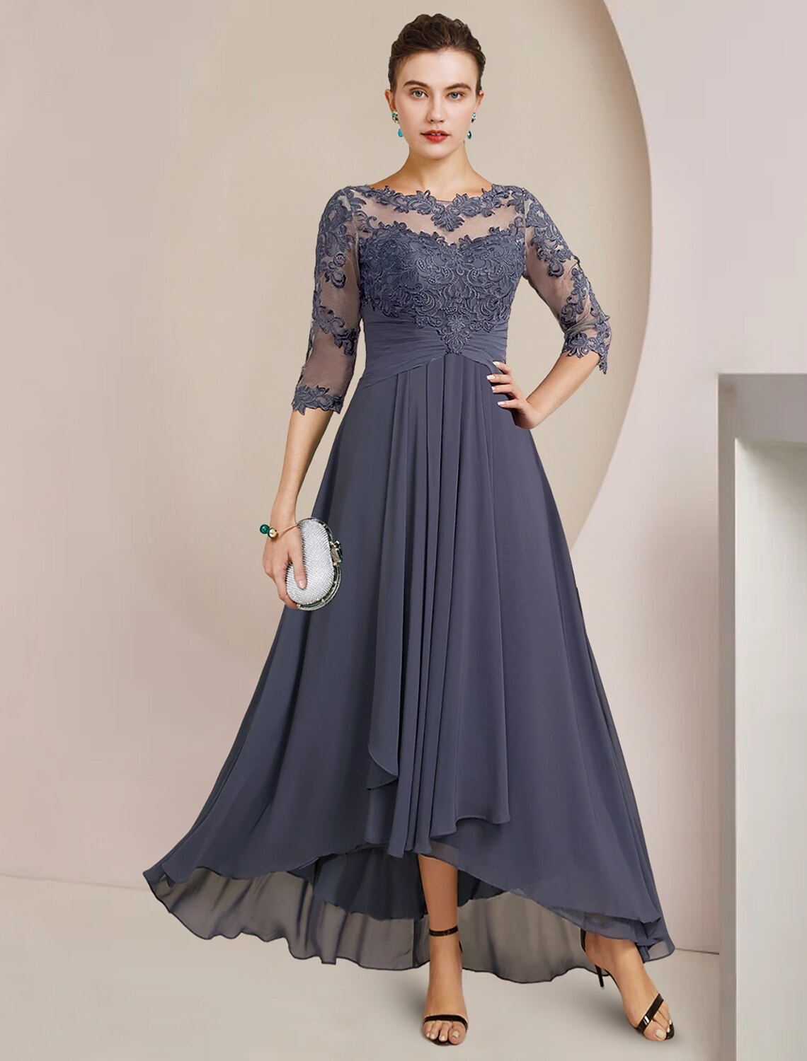 A-Line High Neck Chiffon Three-Quarter Sleeve Pleated Tea-Length Wedding Dress - Chloe Dress