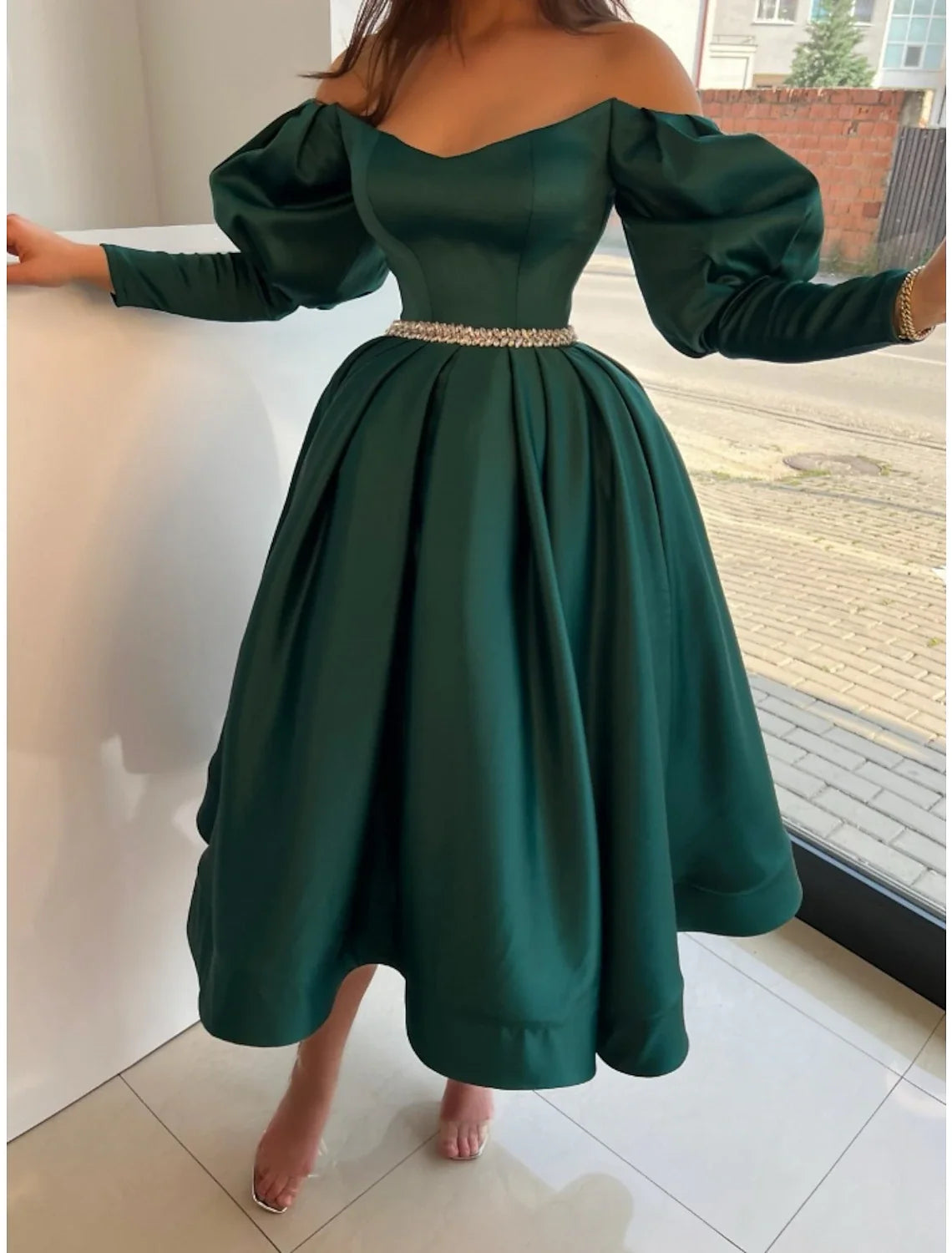 Green A-Line Off-Shoulder Satin Long Sleeve Pleated Tea-Length Evening Gown - Chloe Dress