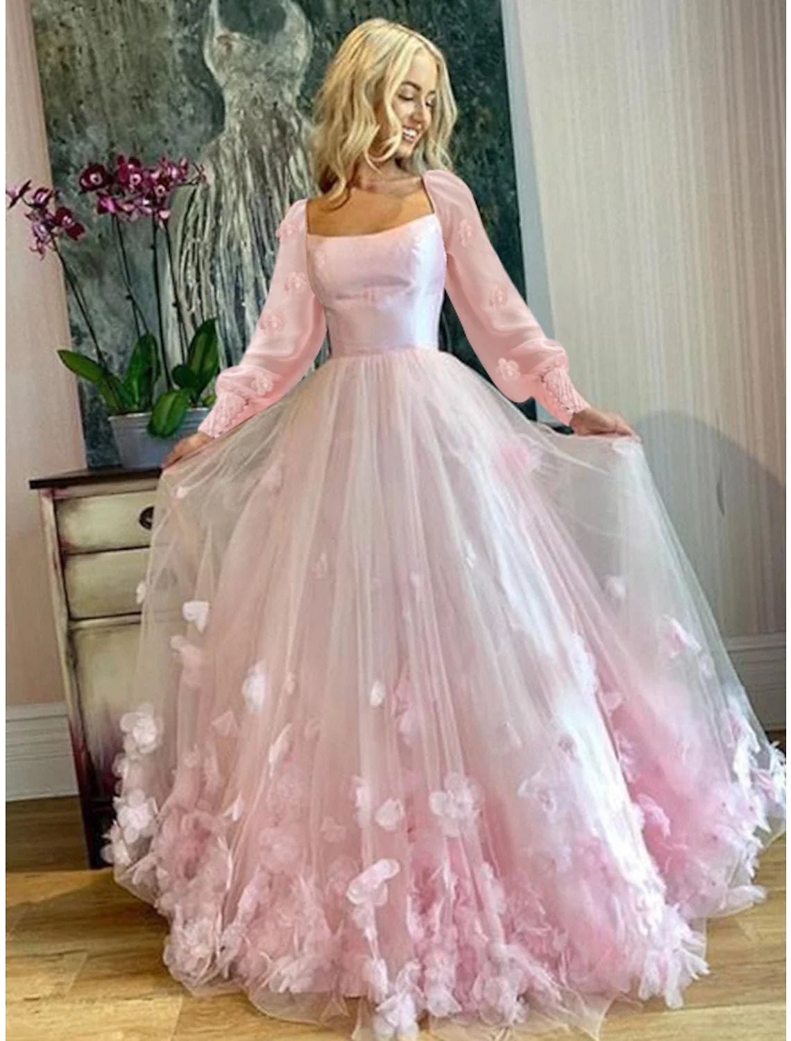 A-Line Tulle Long Sleeve Applique Floor-Length Prom Dress - Chloe Dress