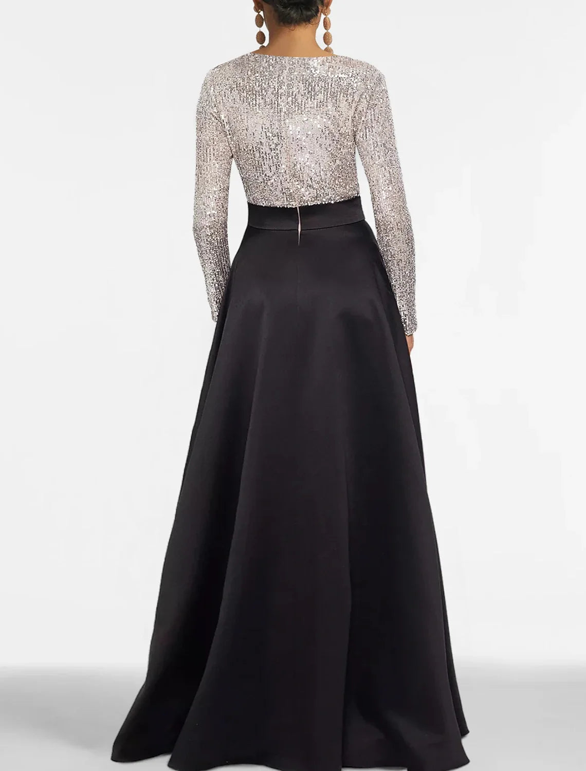 Black A-Line V-Neck Satin Long Sleeve Floor-Length Evening Gown - Chloe Dress