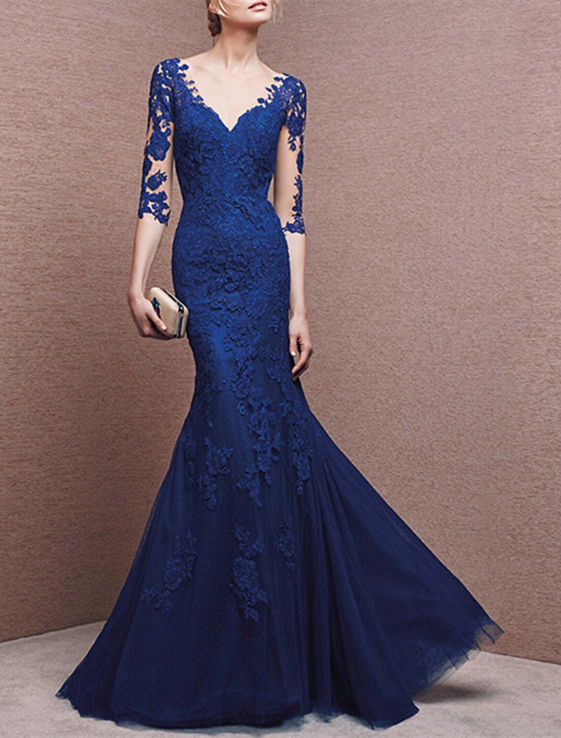 Mermaid V-Neck Tulle Button Back Applique Floor-Length Evening Gown - Chloe Dress
