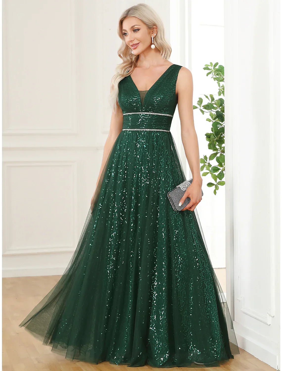 A-Line V-Neck Sequin Sleeveless Floor-Length Prom Dress - Chloe Dress