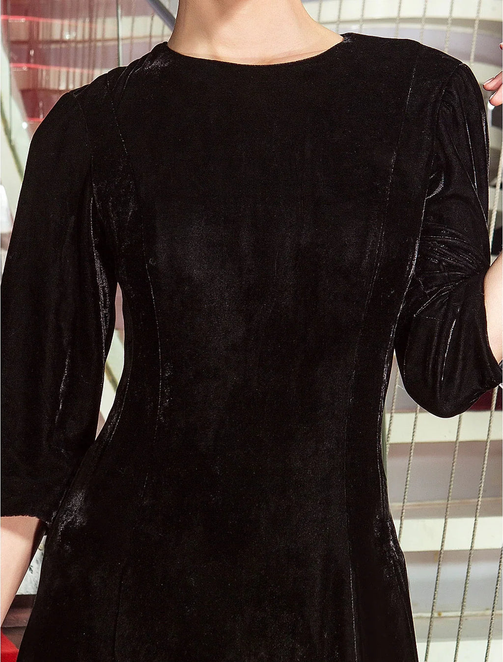 Black A-Line Three-Quarter Sleeve Pleated Floor-Length Evening Dress - Chloe Dress