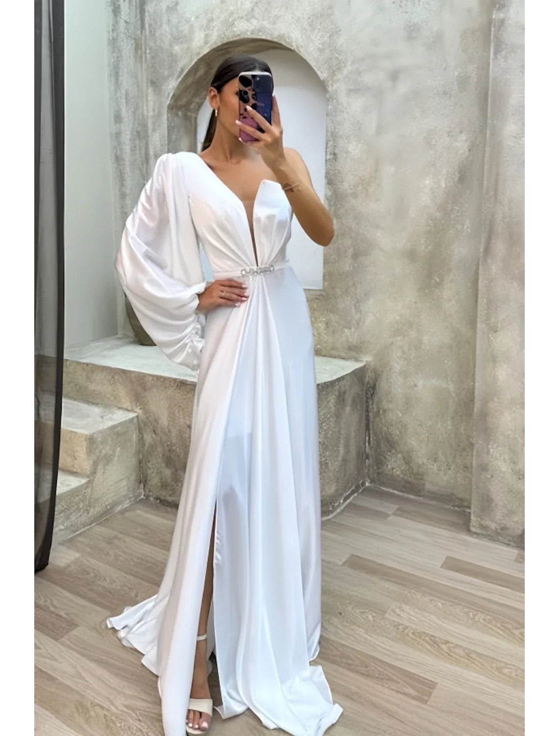 A-Line One-Shoulder Satin Long Sleeve High Slit Evening Gown - Chloe Dress