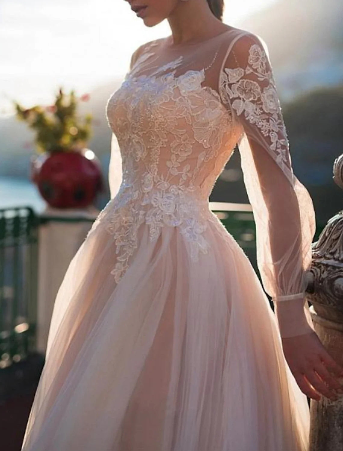 A-Line Illusion Lace Long Sleeve Train Wedding Gown - Chloe Dress