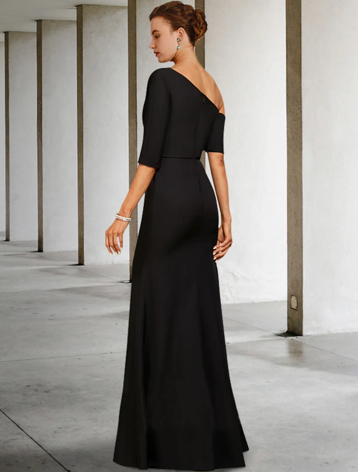 A-Line One-Shoulder Three-Quarter Sleeve Ruffled Floor-Length Wedding Dress - Chloe Dress