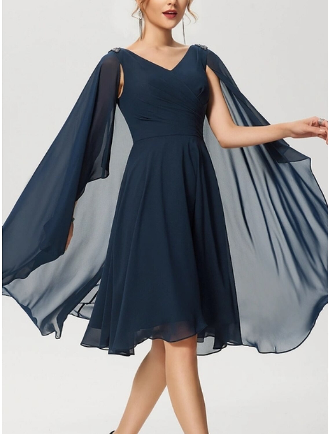 A-Line V-Neck Chiffon Sleeveless Pleated Knee-Length Wedding Dress - Chloe Dress