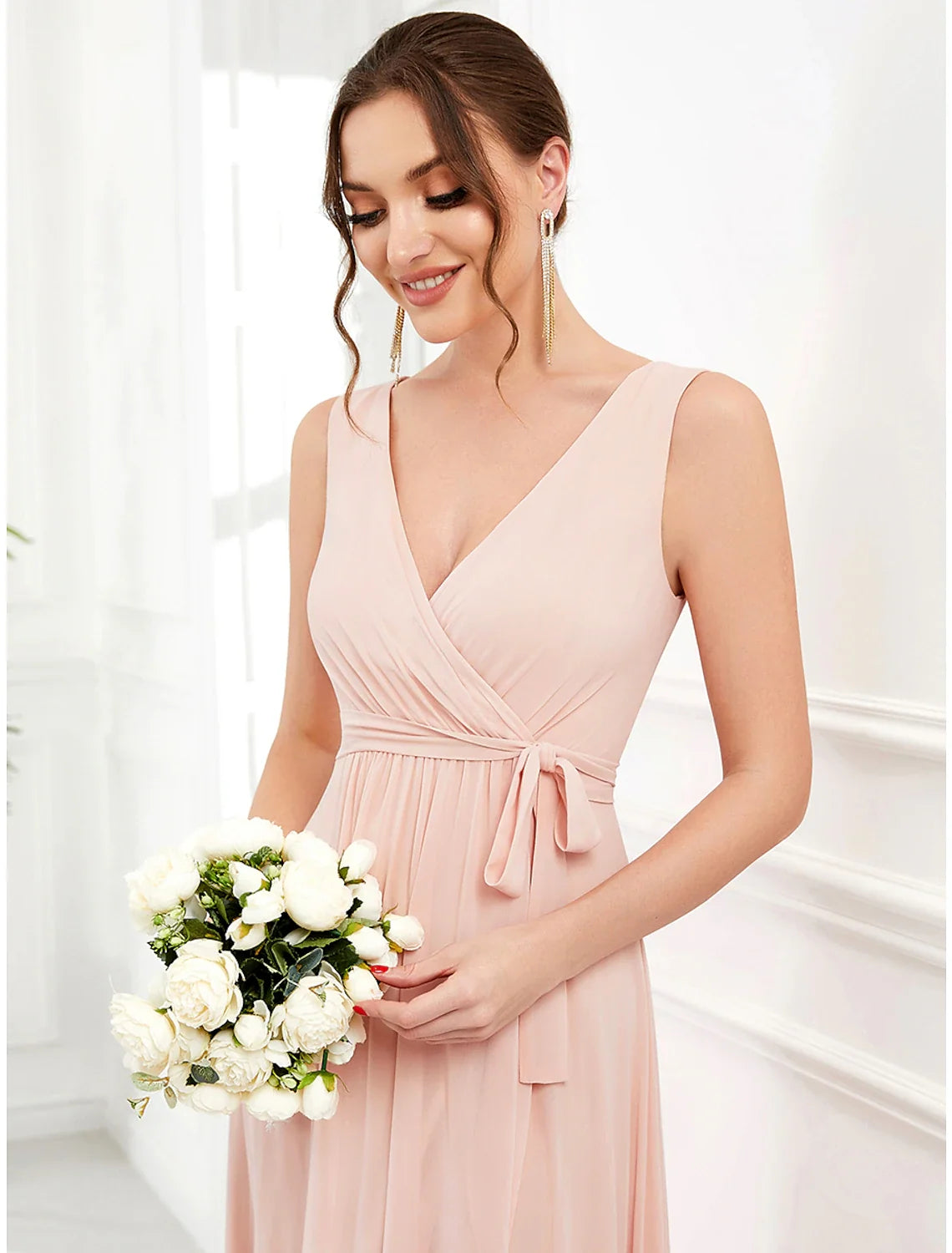 A-Line V-Neck Chiffon Sleeveless Ruffled Wedding Dress - Chloe Dress