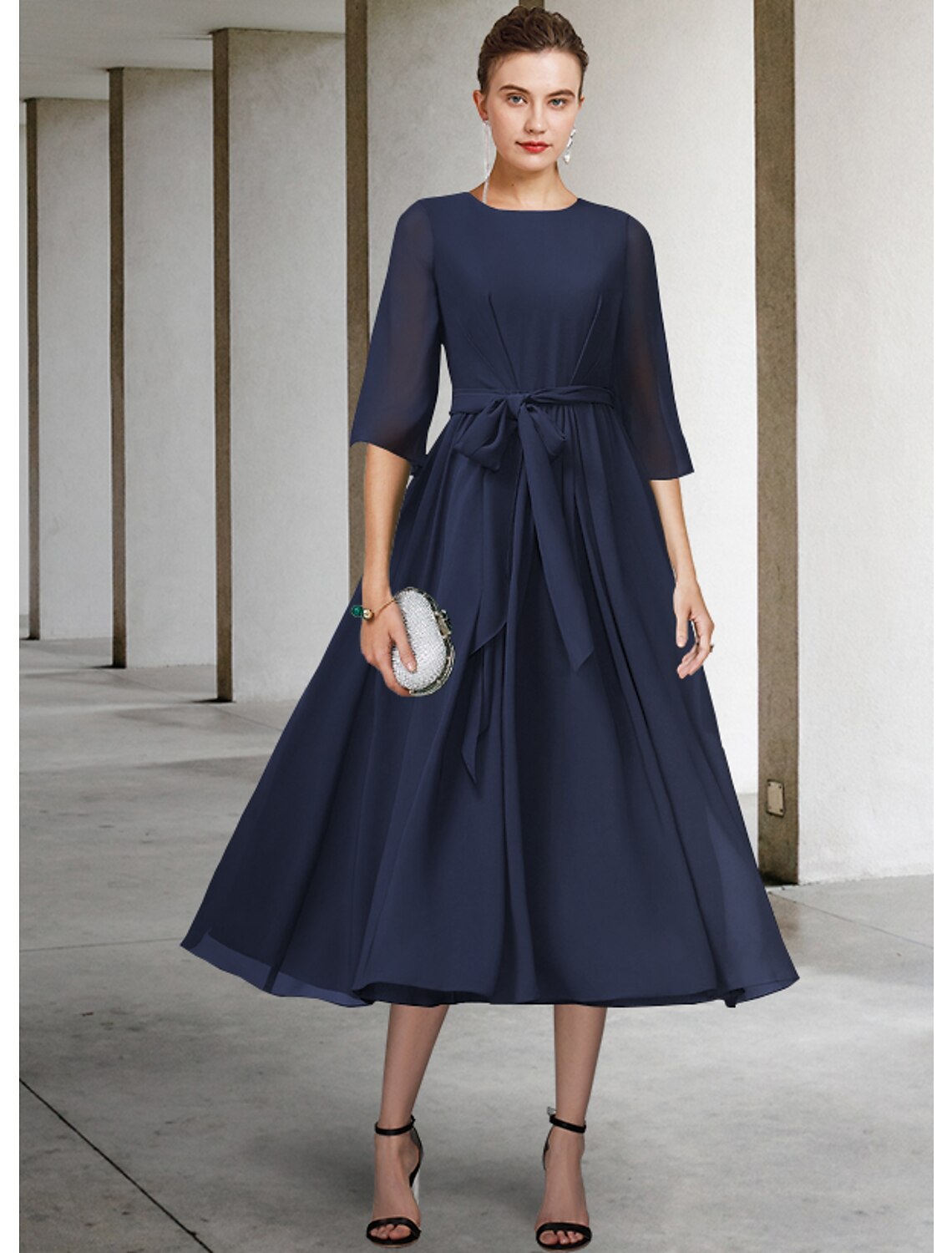 Sheath Chiffon Pleated Tea-Length Dress - Chloe Dress