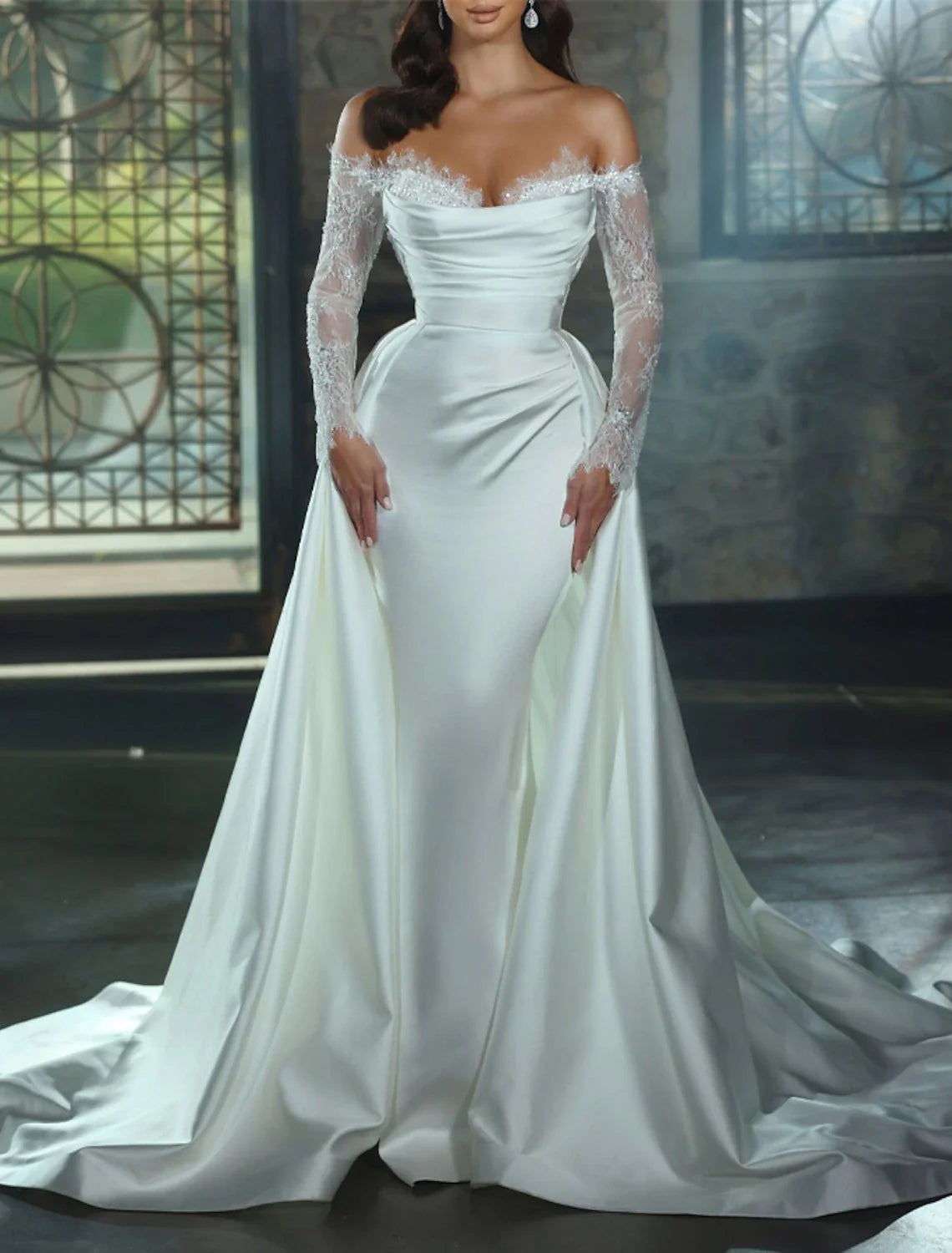 Sheath Off-Shoulder Satin Long Sleeve Train Wedding Gown - Chloe Dress