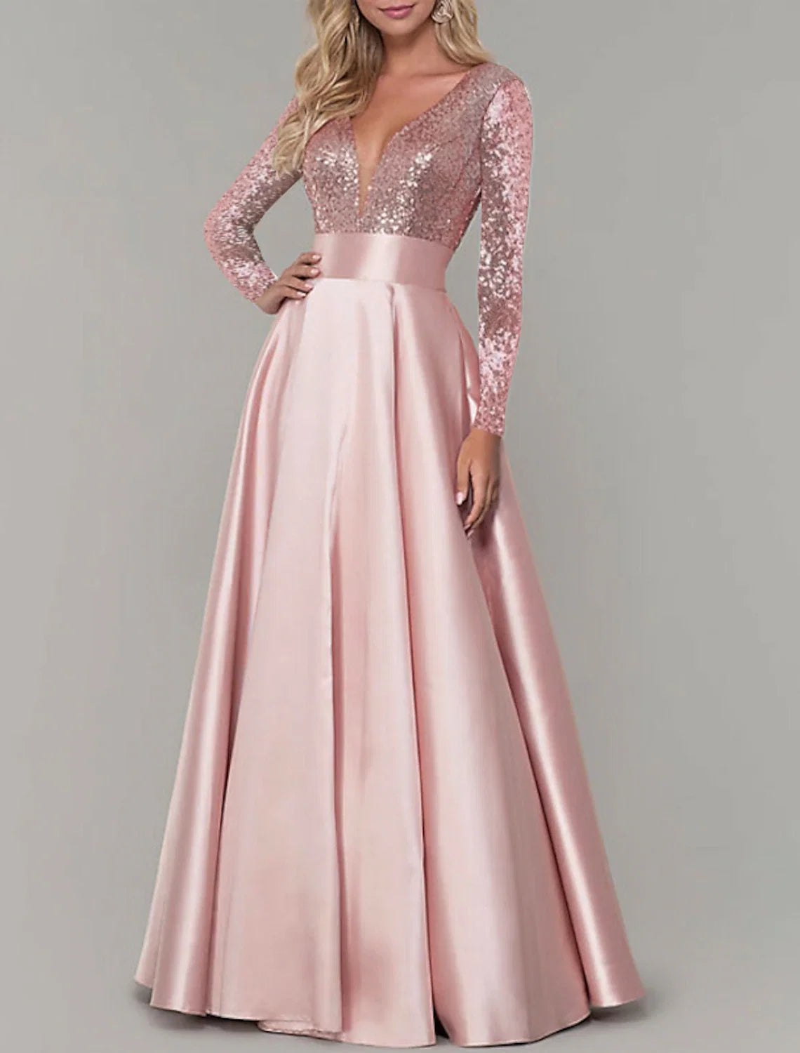 A-Line V-Neck Satin Long Sleeve Pleated Floor-Length Evening Gown - Chloe Dress