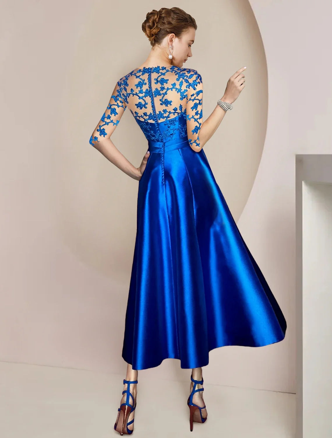 A-Line V-Neck Satin Pleated Tea-Length Wedding Dress - Chloe Dress