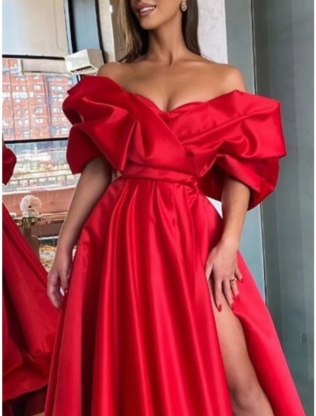 Black Sheath Off-Shoulder Satin High Slit Evening Gown - Chloe Dress