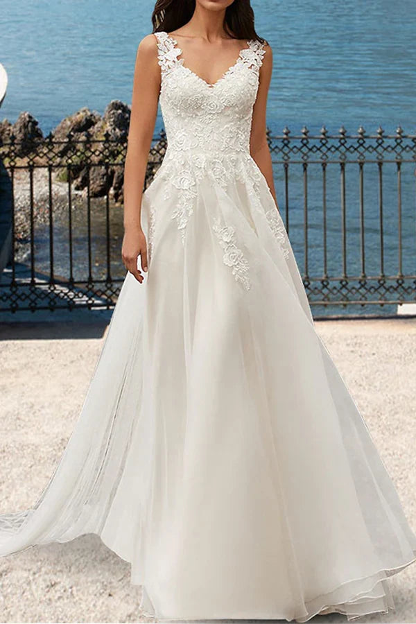 A-Line V-Neck Lace Train Wedding Dress - Chloe Dress