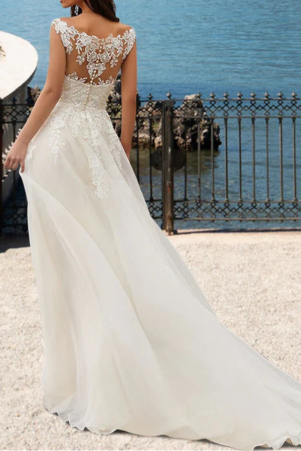 A-Line V-Neck Lace Train Wedding Dress - Chloe Dress