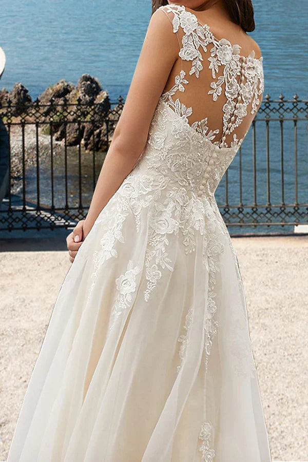 A-Line V-Neck Lace Train Wedding Dress - Chloe Dress