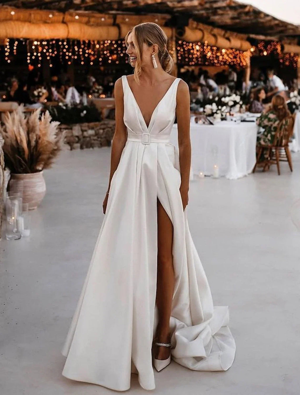 A-Line V-Neck Satin Sleeveless Train Wedding Gown - Chloe Dress